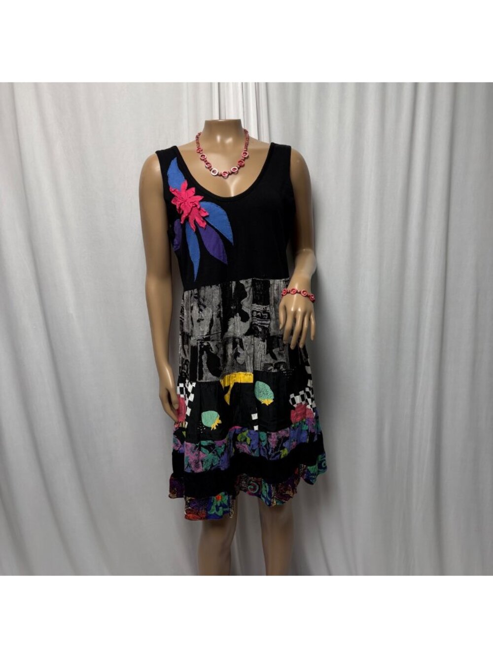 Lisa Mark Honolulu Patchwork Floral Applique Cotton Dress Size XL Black Artsy